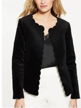 Talbots Stretch Velveteen Black Scallop-Edge Open Front Jacket Size 18W NWT